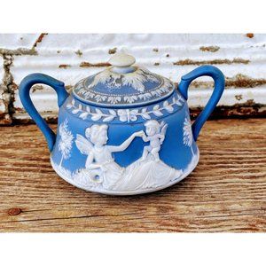 Antique Schafer Vater Blue Jasperware sugar bowl With Fairy Nymph Cherub